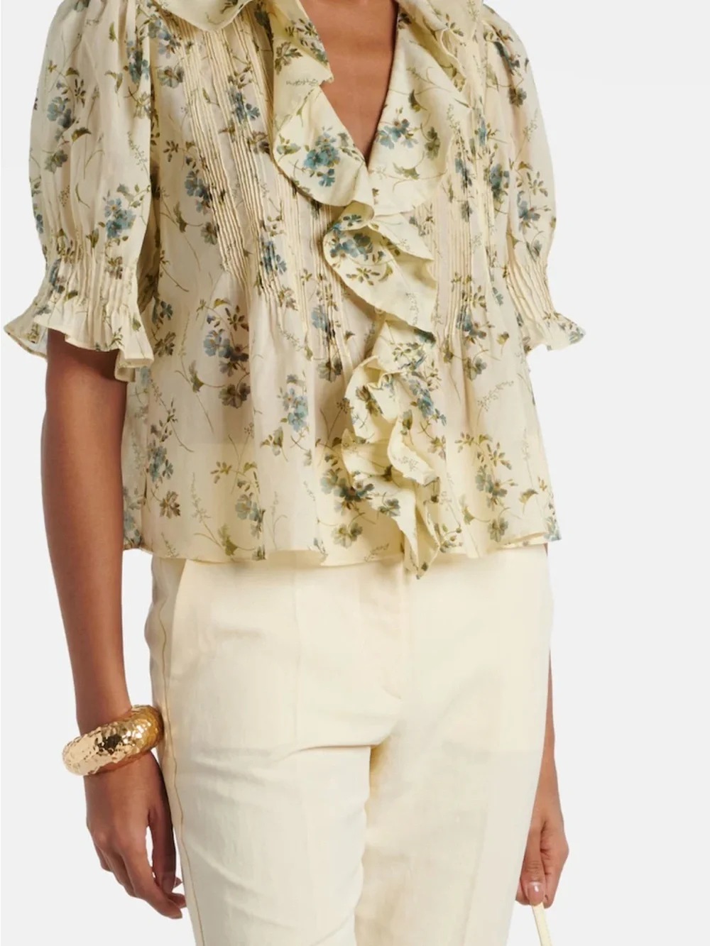 Doen Cream Floral Ruffle Blouse with Blue & Green Accents
